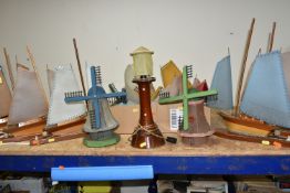 A COLLECTION OF MID-CENTURY WOODEN SAILING BOAT TABLE LAMPS AND ONE BOX OF SPARE PARTS, comprising
