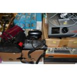 TWO BOXES OF CAMERAS, BINOCULARS, PROJECTORS AND RADIOS, to include a Roberts radio model R606-MB, a