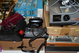TWO BOXES OF CAMERAS, BINOCULARS, PROJECTORS AND RADIOS, to include a Roberts radio model R606-MB, a