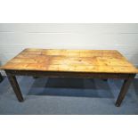 A 19TH CENTURY PINE REFECTORY TABLE, with a plank top, on square legs, length 191cm x depth 81cm x