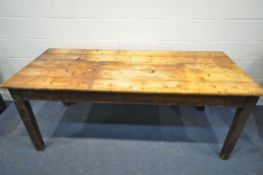 A 19TH CENTURY PINE REFECTORY TABLE, with a plank top, on square legs, length 191cm x depth 81cm x