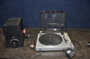 AN ION TTUSB05 TURNTABLE with USB facility (lid hinge broken) and a Creative T7700 sub-woofer (