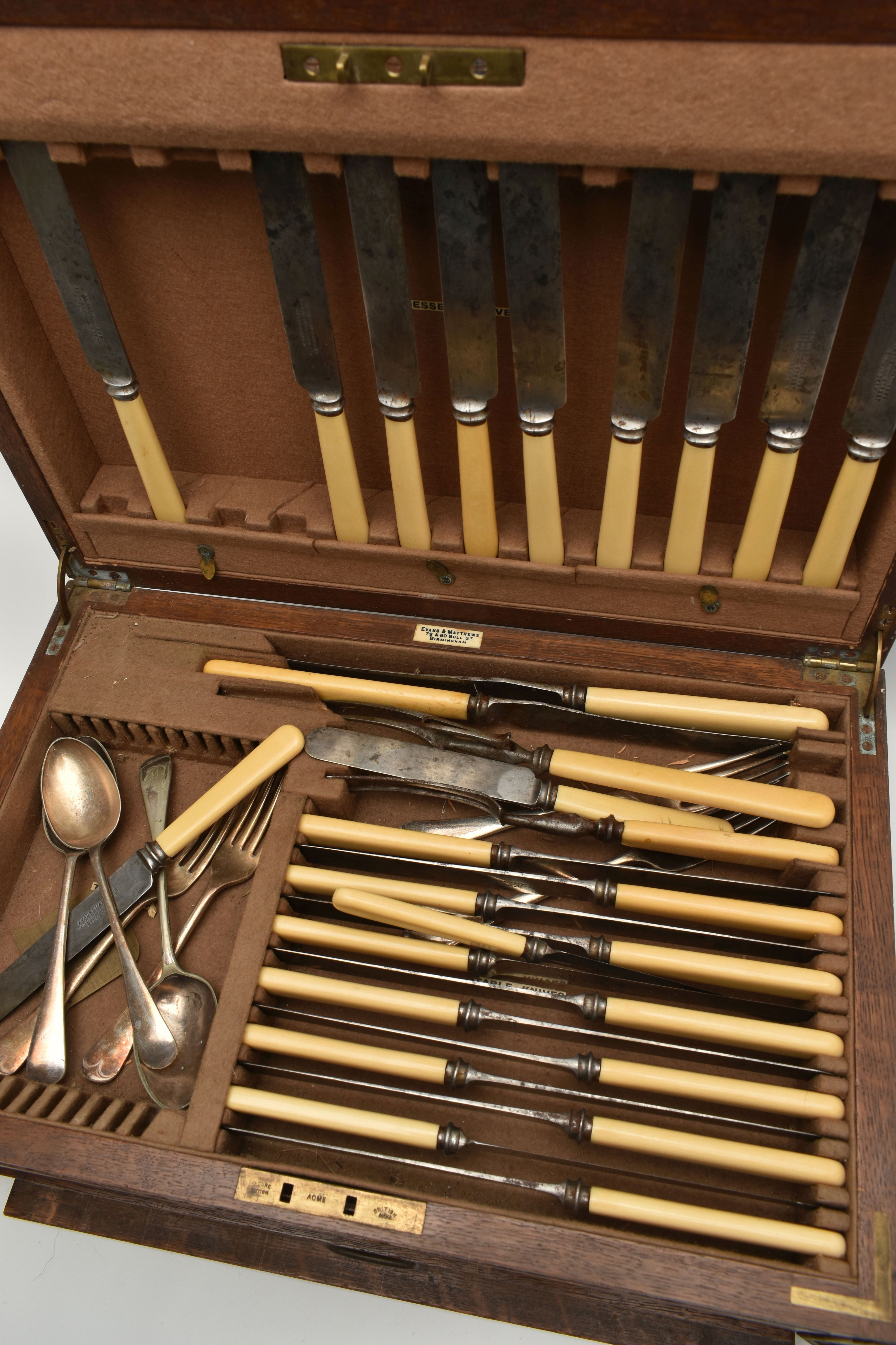 A LARGE WOODEN CANTEEN, box signed 'Evans & Matthews', incomplete ivorine handled cutlery set - Image 4 of 5