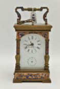 A REPRODUCTION REPEATER CARRIAGE CLOCK WITH CLOISONNE EFFECT AND BRASS CASE, the white enamel dial
