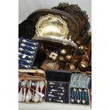 A BOX OF ASSORTED WHITE METAL WARE, to include four trays, cased sets of spoons, a pair of candle