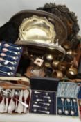 A BOX OF ASSORTED WHITE METAL WARE, to include four trays, cased sets of spoons, a pair of candle
