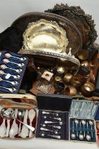 A BOX OF ASSORTED WHITE METAL WARE, to include four trays, cased sets of spoons, a pair of candle