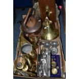 ONE BOX OF BRASS AND METALWARE, to include a large brass ship's bell attached to an oak support,