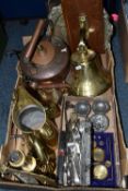 ONE BOX OF BRASS AND METALWARE, to include a large brass ship's bell attached to an oak support,