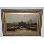 A LATE VICTORIAN PICTURESQUE LANDSCAPE, depicting cattle drinking from a river, no visible