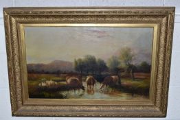 A LATE VICTORIAN PICTURESQUE LANDSCAPE, depicting cattle drinking from a river, no visible