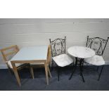 A WROUGHT IRON CIRCULAR MARBLE TOP TABLE, diameter 60cm x height 74cm, two chairs, and a beech glass