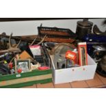 FIVE BOXES AND LOOSE CAMERAS, METALWARES, WICKER ITEMS, WALKING STICKS, COLLECTABLES, ETC, including