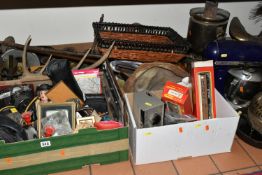 FIVE BOXES AND LOOSE CAMERAS, METALWARES, WICKER ITEMS, WALKING STICKS, COLLECTABLES, ETC, including