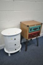 A TWO DRAWER SUITCASE STYLE UNIT, on hairpin legs, width 48cm x depth 40cm x height 79cm, along with