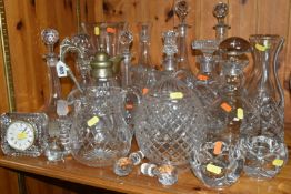 A GROUP OF CUT GLASS, comprising a Victorian cut crystal claret jug with a silverplate lid and