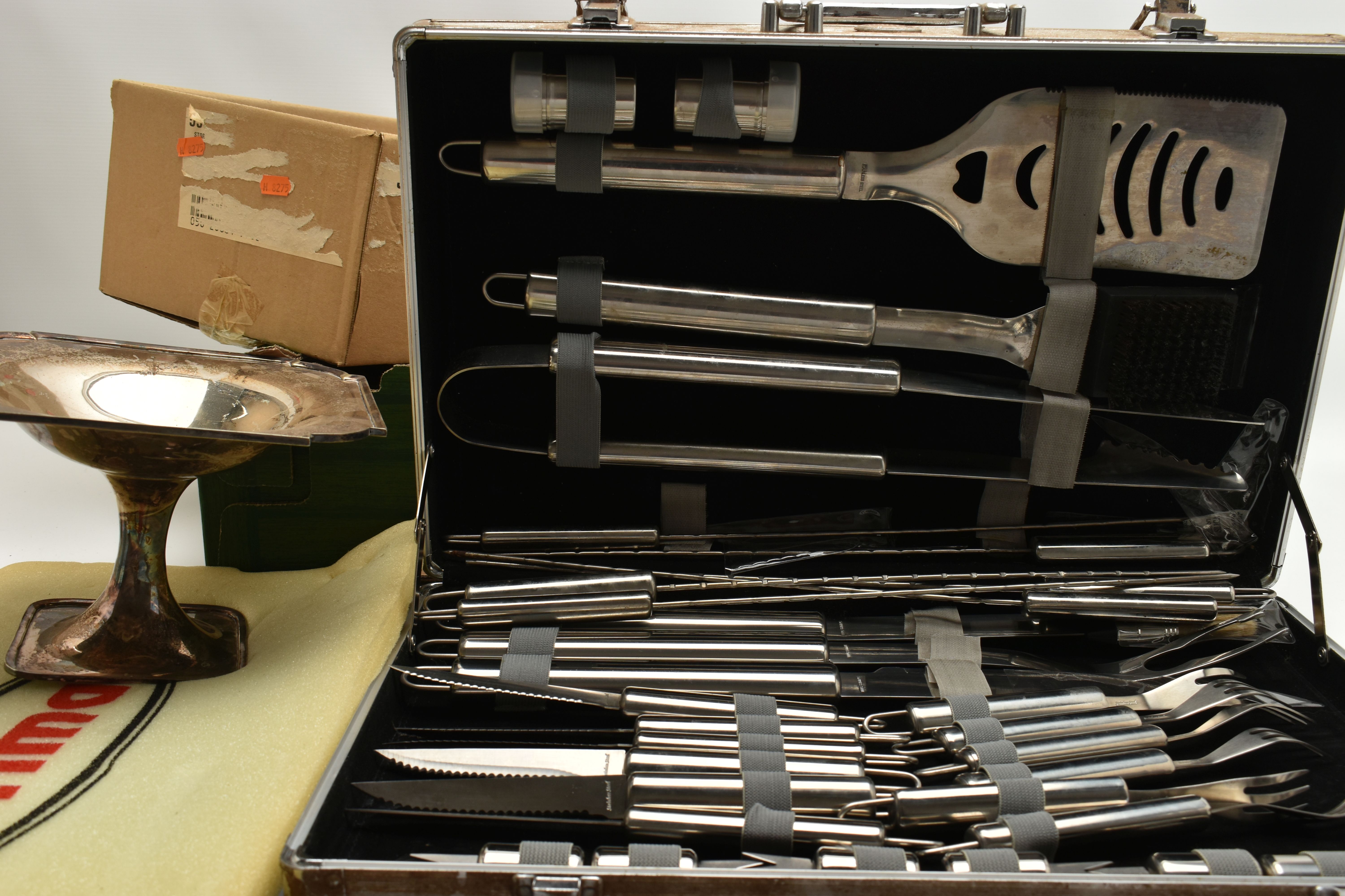 A BOX OF ASSORTED ITEMS, to include a cased 'Prima' barbeque kit, a selection of white metal table - Image 2 of 4