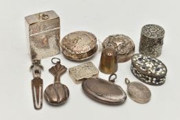 A BAG OF SILVER AND WHITE METAL ITEMS, to include an early 20th century silver pill box,