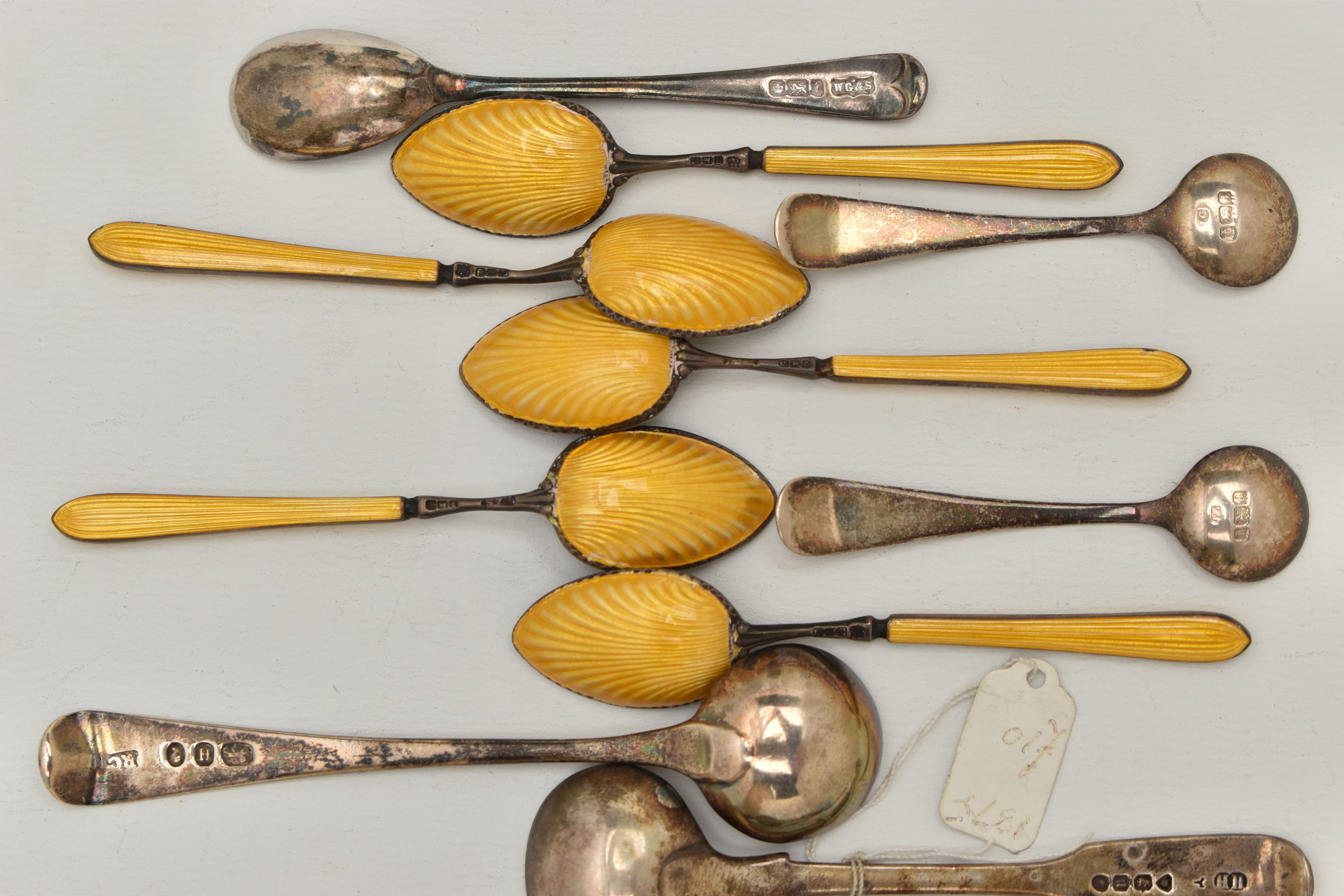 A BAG OF ASSORTED SILVER CUTLERY, to include five yellow guilloche enamel coffee spoons, - Image 8 of 8