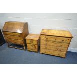 AN OAK BUREAU, width 74cm x depth 46cm x height 96cm, along with a pine chest of four long