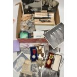 A BOX OF ASSORTED ITEMS, to include a 'Conway Stuwart' fountain pen, nib stamped 14ct gold, a '