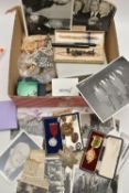 A BOX OF ASSORTED ITEMS, to include a 'Conway Stuwart' fountain pen, nib stamped 14ct gold, a '
