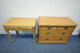 AN EDWARDIAN SATINWOOD CHEST OF TWO SHORT AND TWO LONG DRAWERS, on bun feet, width 103cm x depth