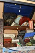 A BOX OF VINTAGE TINS, to include a metal deeds chest painted brown, a circular Mackintosh's