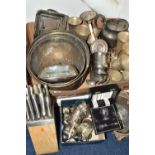 A BOX OF ASSORTED WHITE METAL WARE, to include two large entree covers, trays, goblets, tankards,