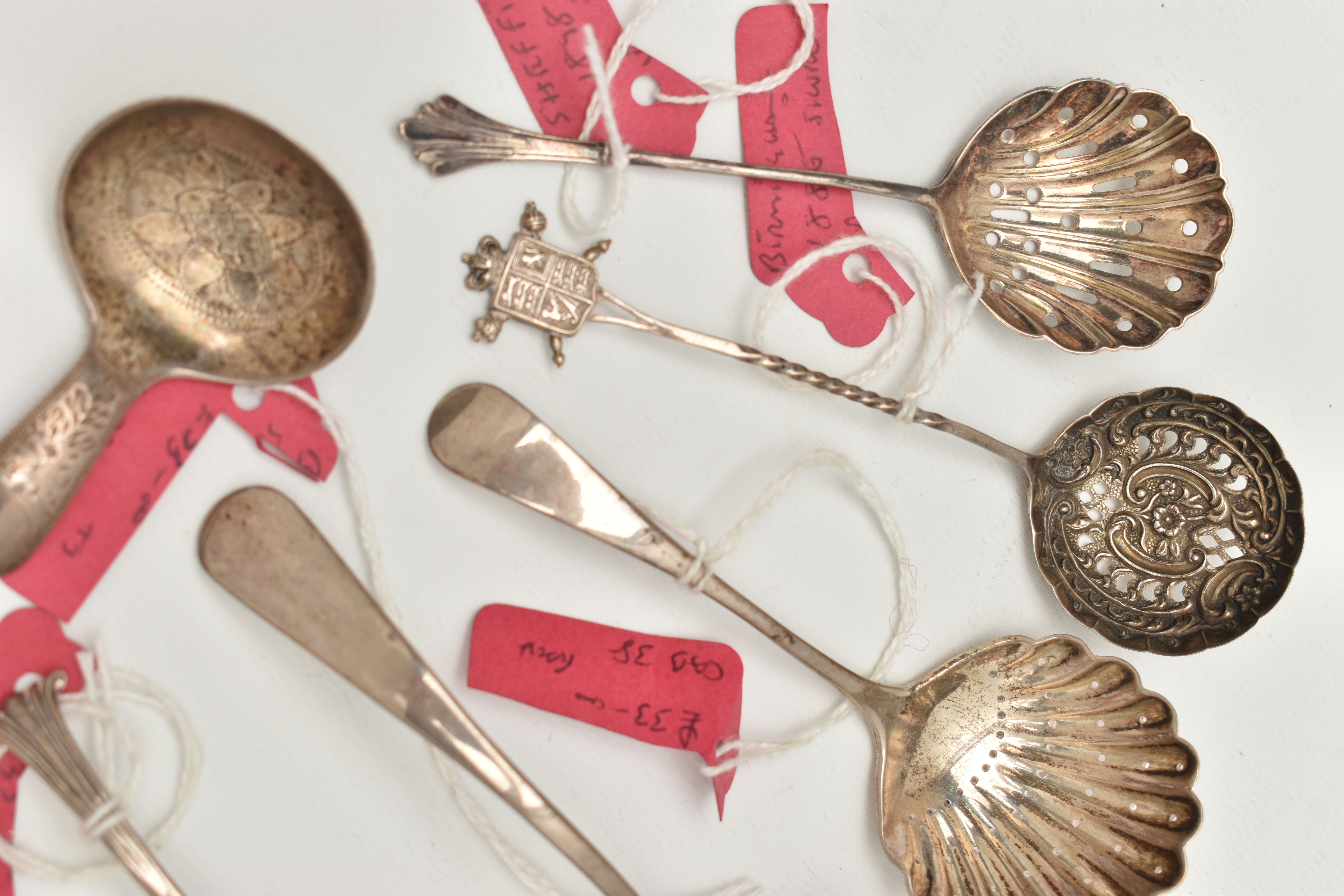 THREE SILVER CADDY SPOONS AND SIX SIFTER SPOONS, to include a 'George Unite' caddy spoon, hallmarked - Image 4 of 6