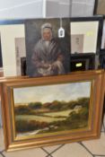 FOUR PICTURES AND A FRAME, comprising a 19th century style landscape with cattle, signed A. Cook,