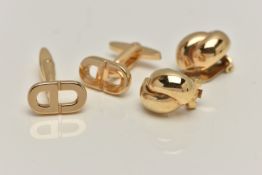 A PAIR OF CHRISTIAN DIOR CLIP ON EARRINGS AND A PAIR OF CUFFLINKS, cross over yellow metal non-