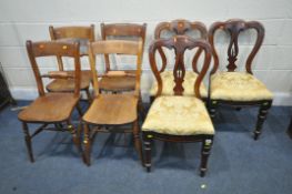 A SET OF FOUR EARLY 20TH CENTURY OAK WINDSOR KITCHEN CHAIRS, and a set of three Victorian mahogany