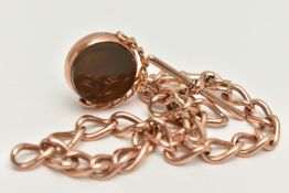 AN EARLY 20TH CENTURY, 9CT ROSE GOLD SWIVEL FOB AND ALBERT CHAIN, swivel circular fob set with