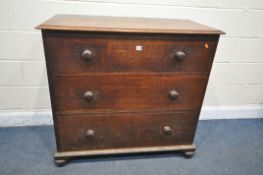 A 19TH CENTURY OAK CHEST OF THREE DRAWERS, with turned handles, width 104cm x depth 52cm x height