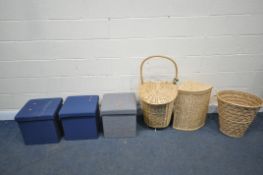 A THREE WICKER BASKETS, along with three fabric storage stools, and a four piece upright companion