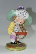 A 19TH CENTURY DERBY MANSION HOUSE DWARF, his broad brimmed hat entitled 'A small farm to be sold by