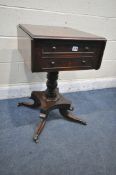 A REGENCY MAHOGANY DROP LEAF WORKTABLE, with two drawers, on a turned support and four shaped legs