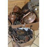 TWO BOXES OF COPPERWARE AND HORSE TACK, to include four solid copper kettles, copper funnel, a