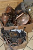 TWO BOXES OF COPPERWARE AND HORSE TACK, to include four solid copper kettles, copper funnel, a