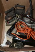 ONE BOX OF ASSORTED VINTAGE IRONS, to include a 1947 Veret Ltd electric brown Bakelite bedwarmer, an