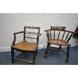 AN STAINED ELM AND BEECH BOW TOP SMOKERS ARMCHAIRS, along with a Georgian elm open armchair (