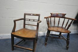 AN STAINED ELM AND BEECH BOW TOP SMOKERS ARMCHAIRS, along with a Georgian elm open armchair (