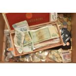 A BOX CONTAINING WORLD COINS AND BANKNOTES, to include mixed coinage mainly Germany and France, a