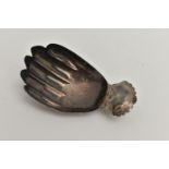 A GEORGE III SILVER NOVELTY CADDY SPOON IN THE FORM OF A HAND, bright cut detail to short handle,