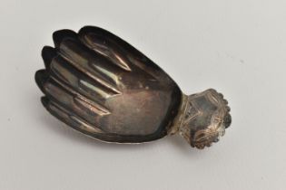 A GEORGE III SILVER NOVELTY CADDY SPOON IN THE FORM OF A HAND, bright cut detail to short handle,