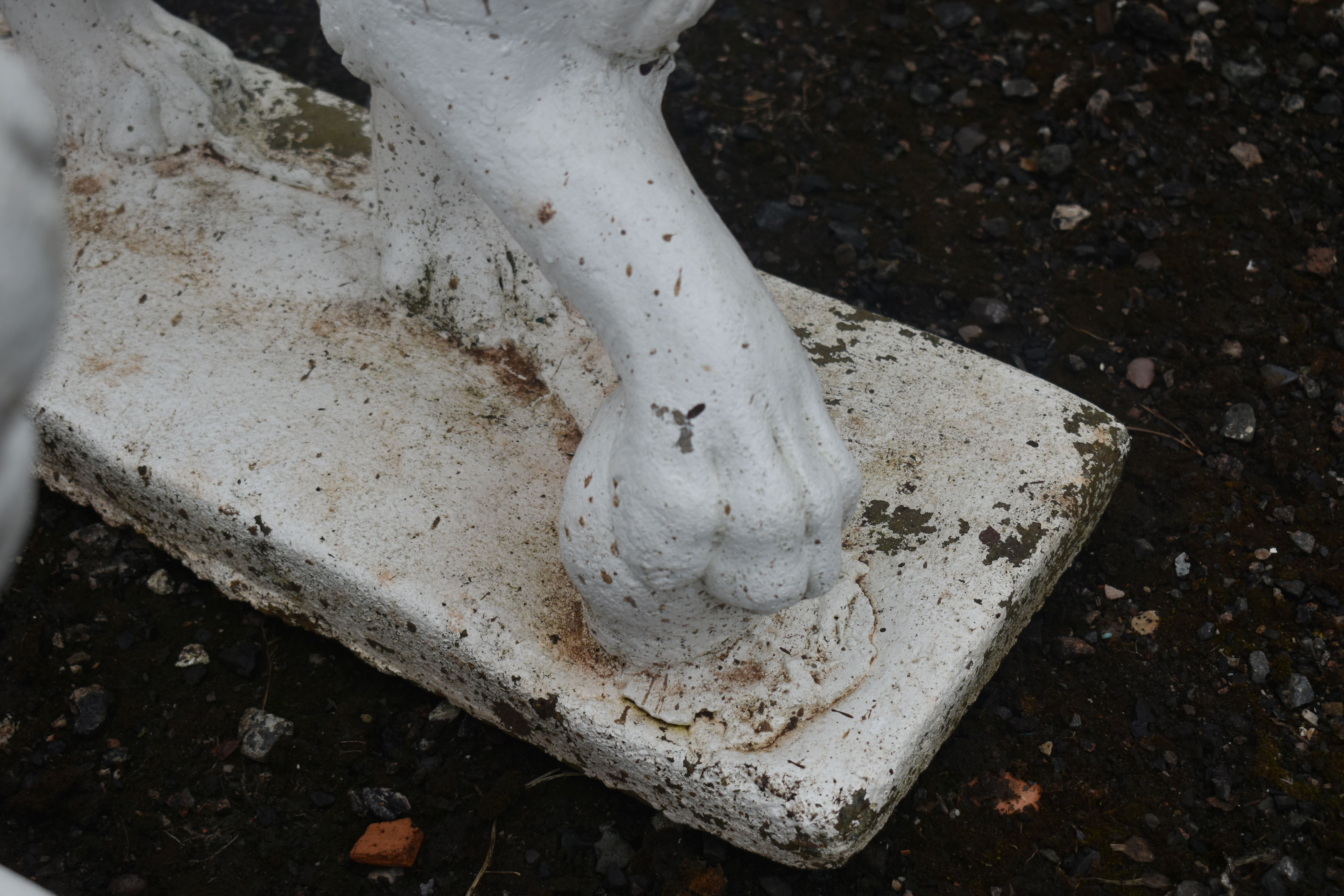 AN OPPOSING PAIR OF WHITE PAINTED COMPOSITE LIONS, with turned heads, and one front foot raised, - Image 6 of 6