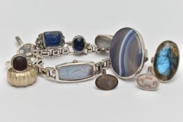 A BAG OF SILVER AND WHITE METAL JEWELLERY, to include a silver worn moonstone cabochon ring,