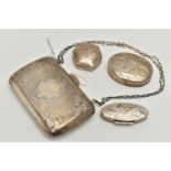 AN EDWARDIAN SIVER PURSE AND THREE MODERN SILVER PILL BOXES, the purse on a two strand link chain,