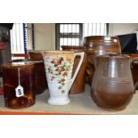 A COLLECTION OF EARTHENWARE SALTGLAZED POTS, comprising a beer keg, two large jars, two twin handled